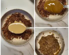 Step <p>Agregue 1,5 cucharadas de tahini, 2 cucharadas crema de pistacho al kadaif y mezcle.</p> illustration