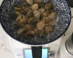 Step <p>●Llenar un recipiente grande con agua fria </p><p>●Ponerlo sobre la tapa del vaso de Thermomix y añadir 1000 g almejas frescas</p><p>●Retire el tazón y dejelo un lado</p><p>●Deje que las almejas se purguen en al agua durante 4 horas, cambiando el agua cada hora para eliminar la arena .Escurrir las almejas y reservar en el varoma</p> illustration