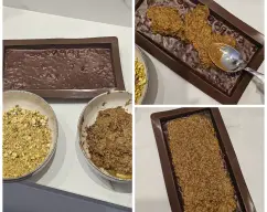 Step <p>Sace del congelador el molde y eche la mezcla de kadaif y tahini ejerciendo algo de presionpara que quede homogéneo</p> illustration